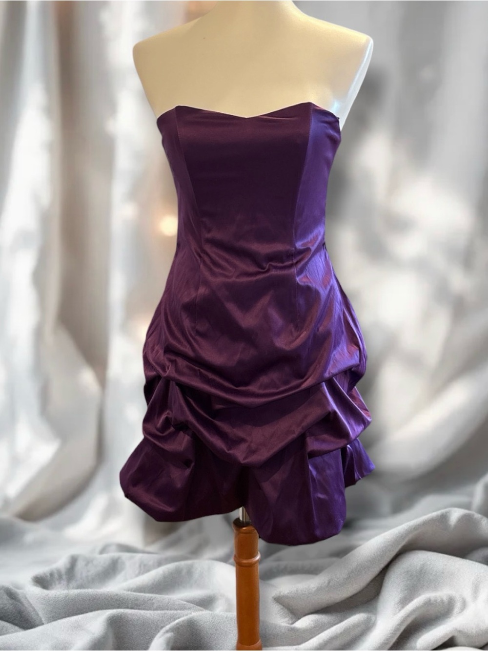 Vintage Y2K Wishes Wishes Wishes Purple Satin Strapless Ruched Tiered Dress 5